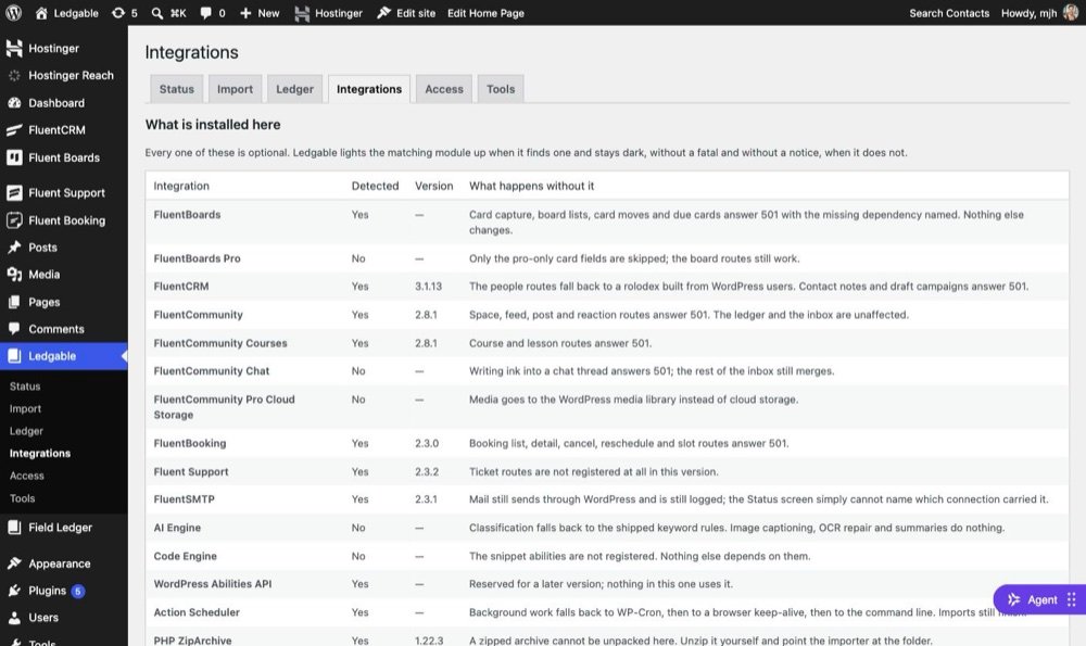 The Ledgable Integrations screen