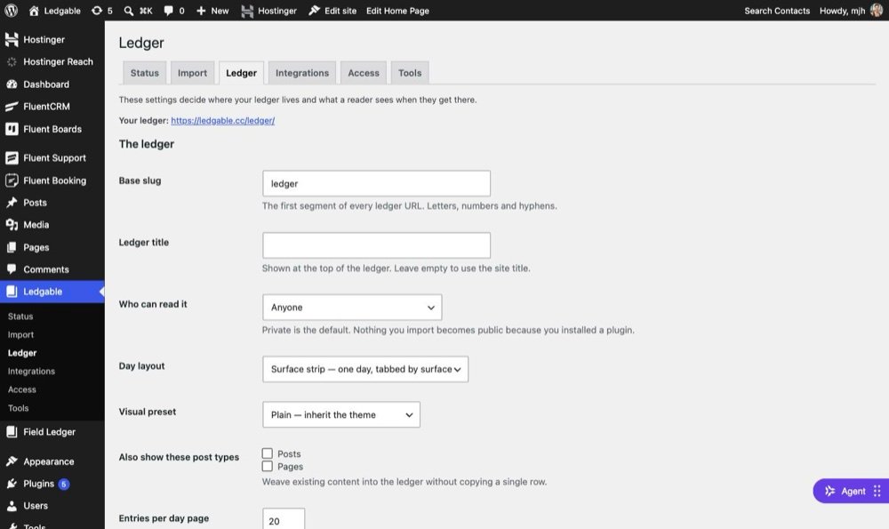 The Ledgable Ledger settings screen