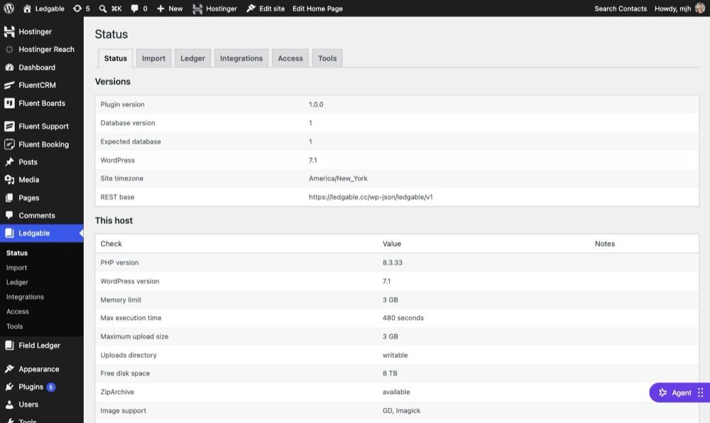 The Ledgable Status screen in WordPress admin