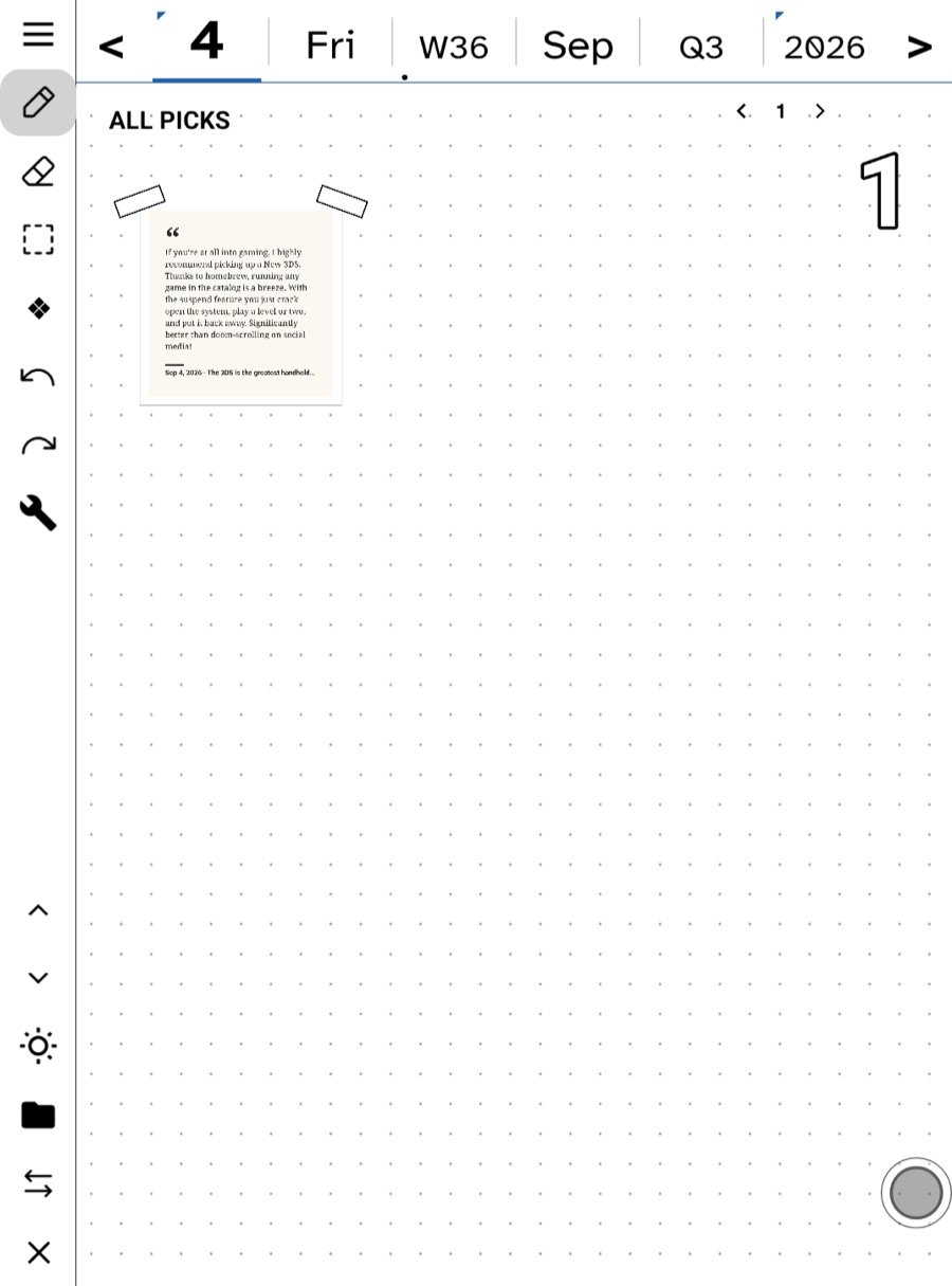 All Picks on an e-ink phone with a quote card