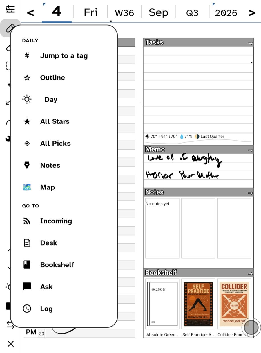 The day's folder menu: Jump to a tag, Outline, Day, All Stars, All Picks, Notes, Map