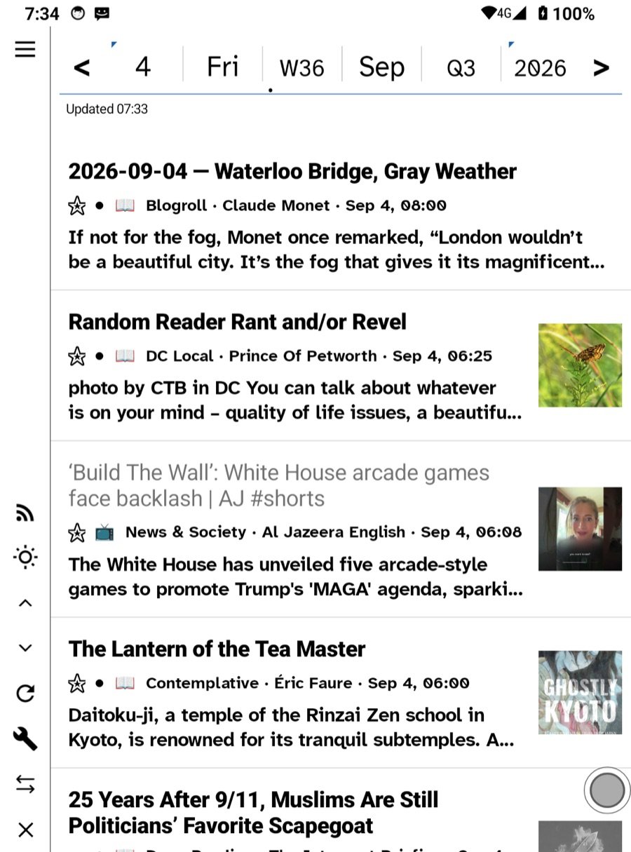 The feed list on an e-ink phone under the almanac strip