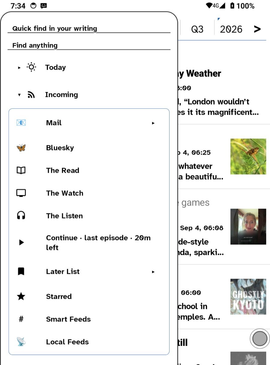 The Incoming folder in the sidebar: Mail, Bluesky, The Read, The Watch, The Listen, Continue, Later List, Starred, Smart Feeds, Local Feeds