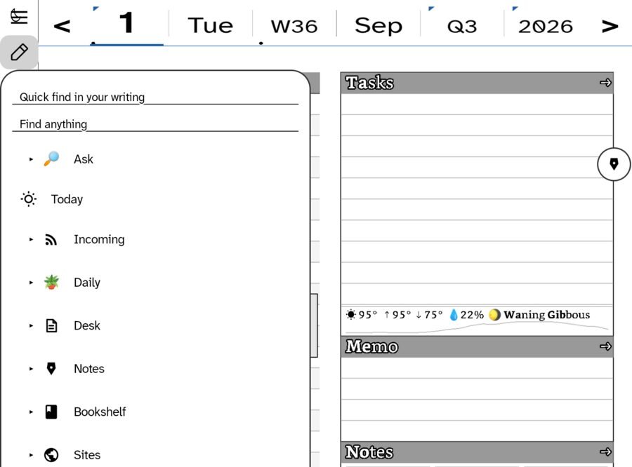 The Hub menu open over the day page, listing Ask, Today, Incoming, Daily, Desk, Notes, Bookshelf and Sites