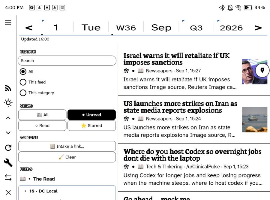 A feed open with search, All/Unread/Read/Starred filters, Intake a link and Clear actions