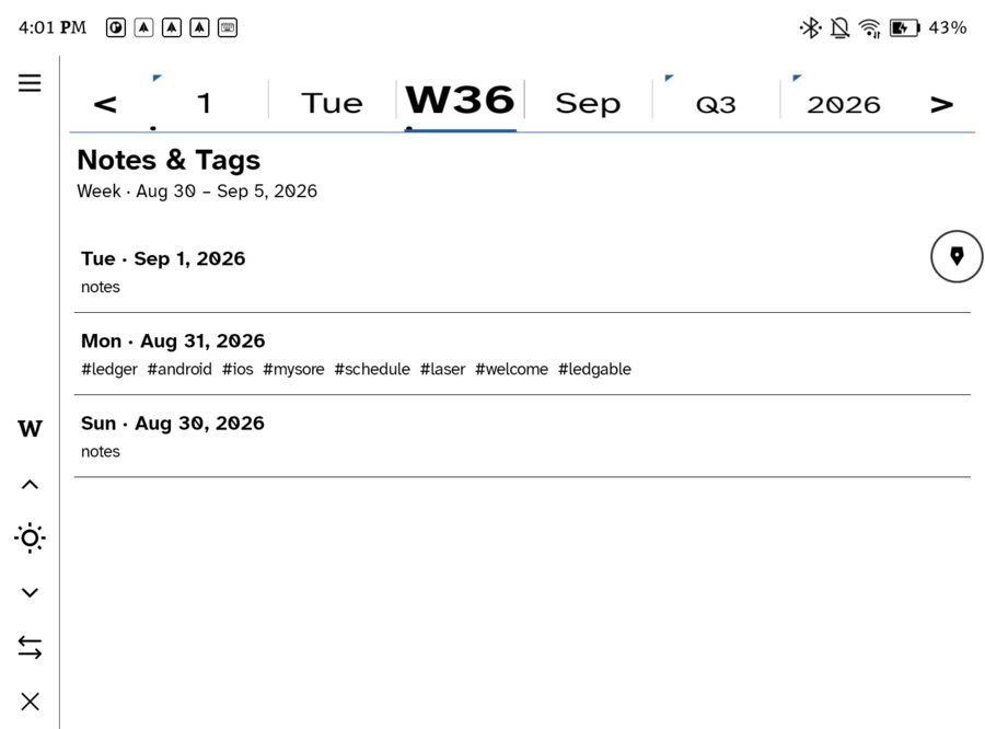 The week view showing notes and tags gathered per day across the week