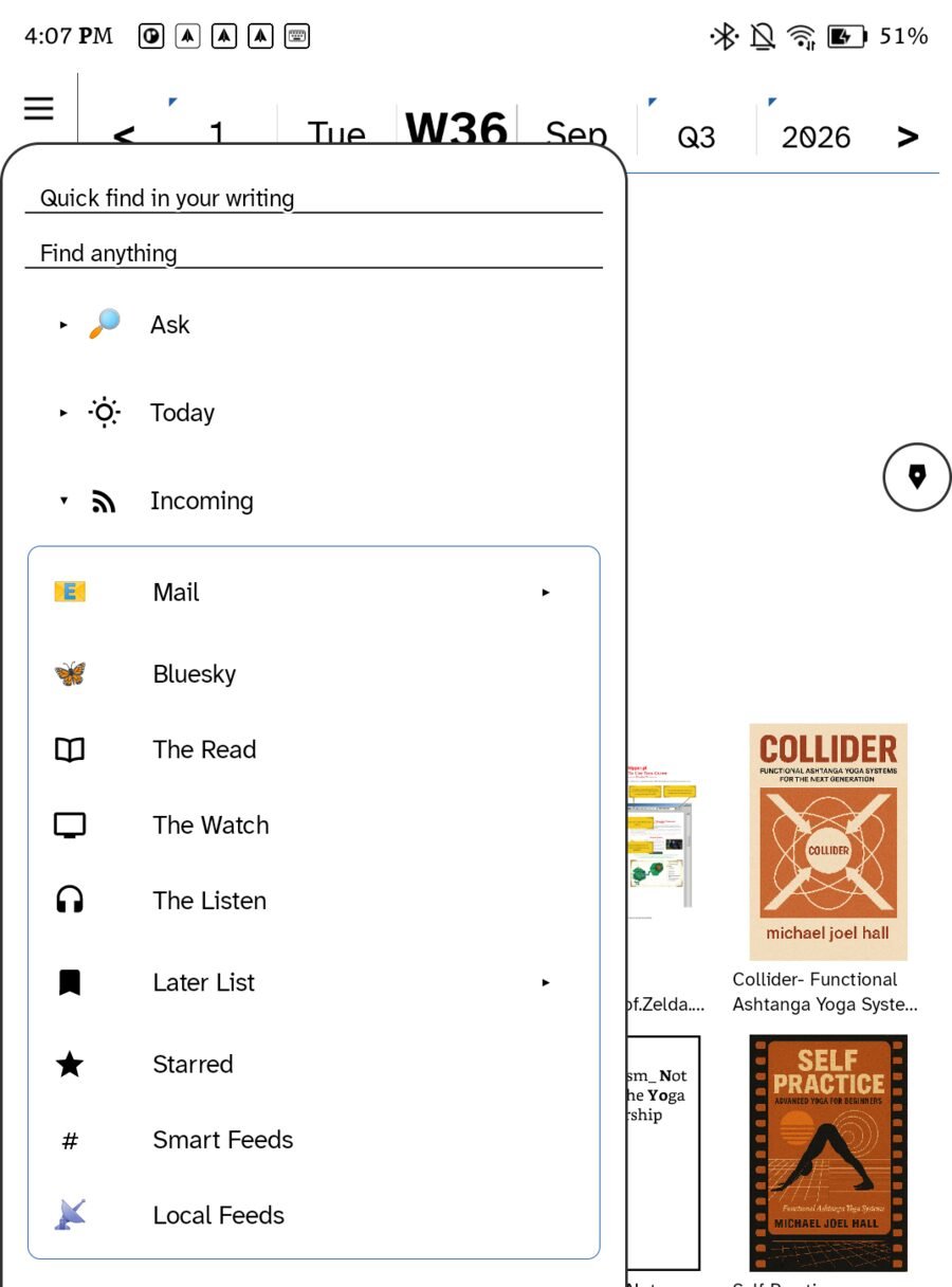 The Incoming menu expanded showing Mail, Bluesky, The Read, The Watch, The Listen, Later List, Starred, Smart Feeds and Local Feeds