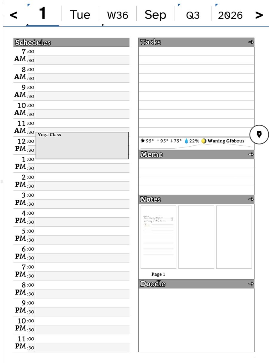The day page with the rail tucked away, collapsed to two small edge slivers, the page running full width