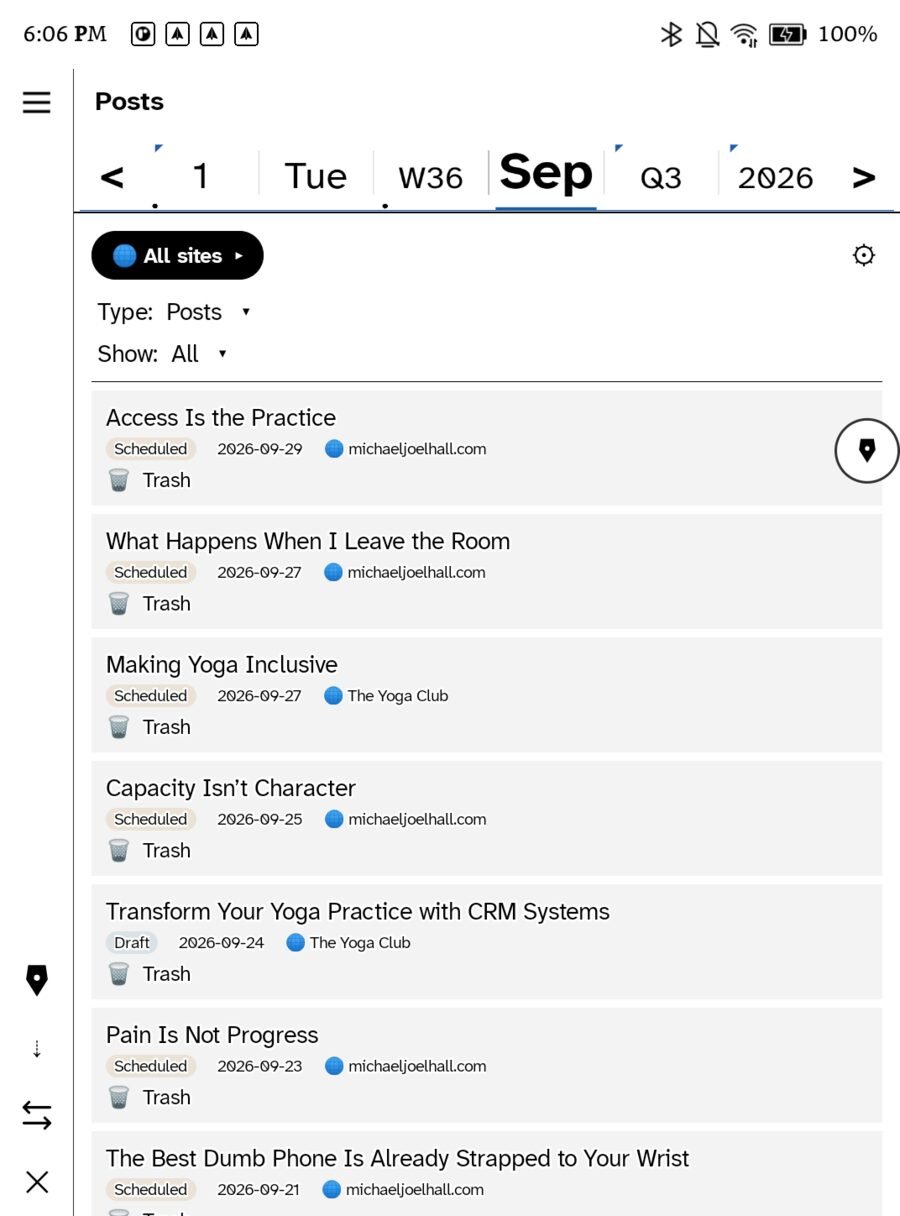 The Posts browser with an All sites filter and rows showing status, date and site