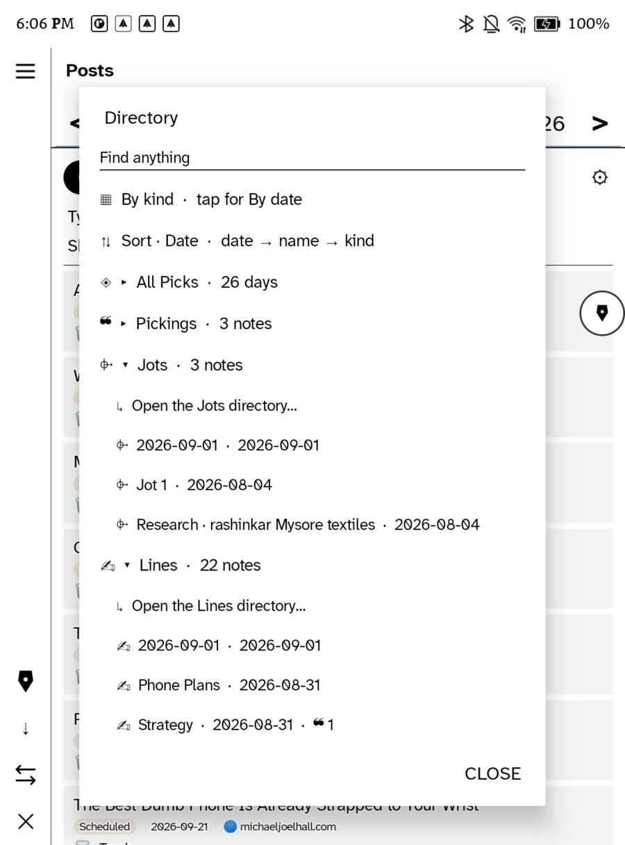 The Directory grouped by template showing All Picks, Pickings, Jots and Lines with counts