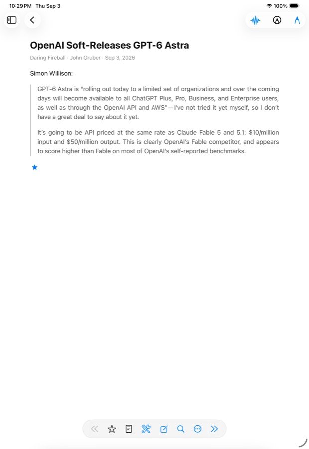 An article open on the iPad with the star and pick row along the bottom