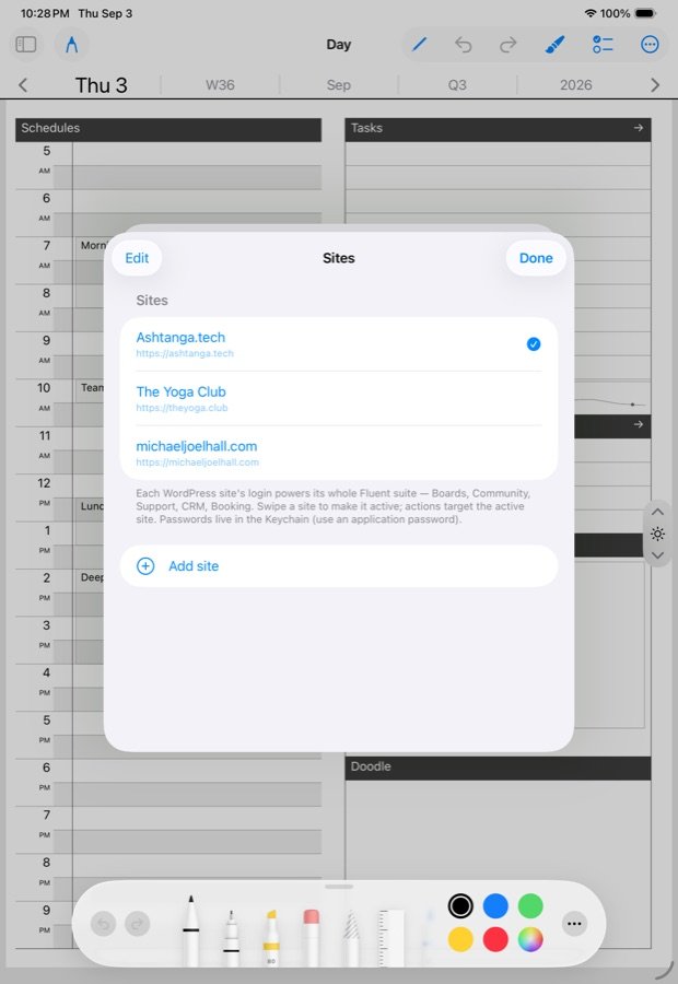 Sites settings on the iPad