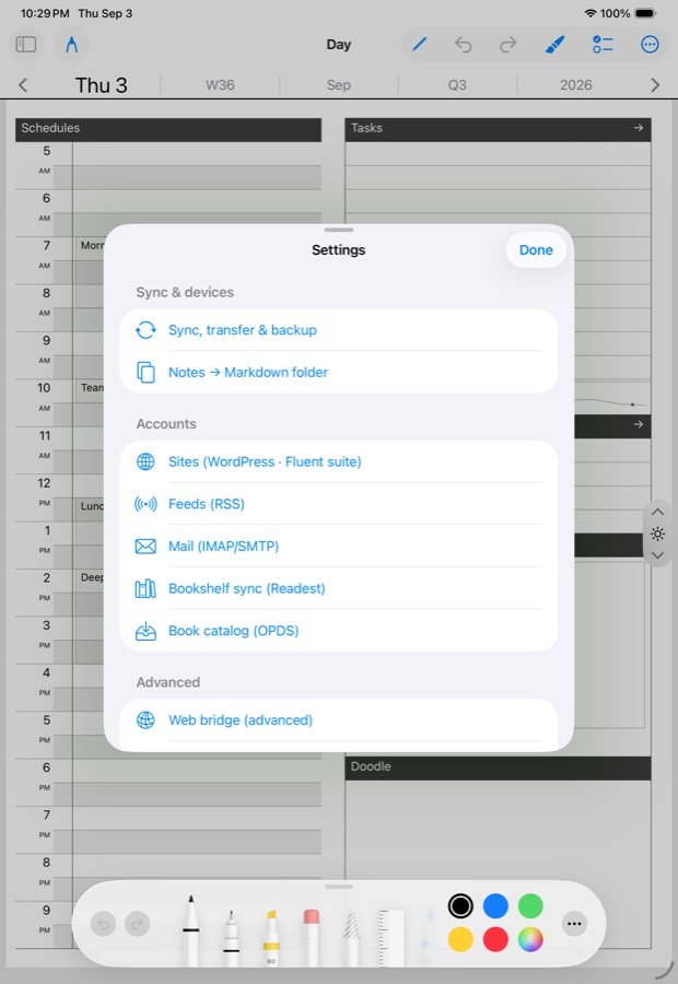 The Settings hub on the iPad