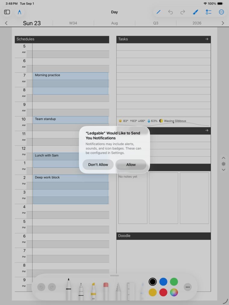 The Ledgable day page on iPad with Schedules, Tasks, Notes and Doodle panels and the Apple Pencil tool palette