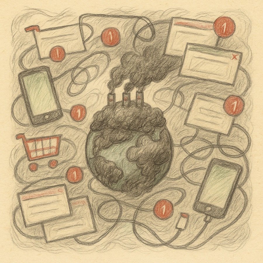 A colored-pencil drawing of a smoggy planet tangled in pop-ups, notification badges, phones and charging cables