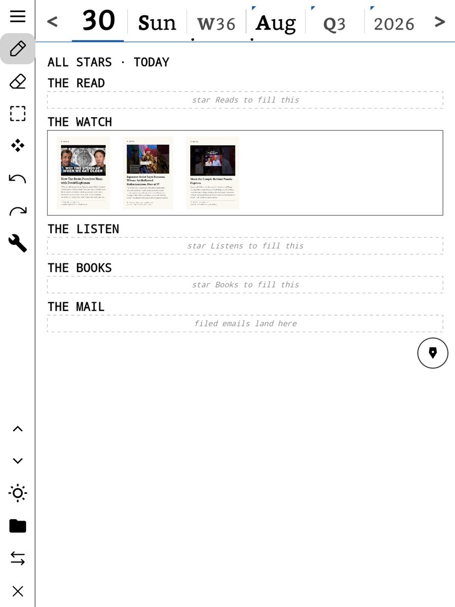 All Stars on a Boox Tab with three starred videos under The Watch